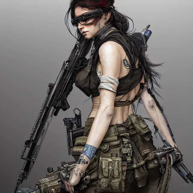 Image similar to the portrait of lawful neutral female cyberpunk infantry sniper as absurdly beautiful, gorgeous, elegant, young woman looking up, an ultrafine hyperdetailed illustration by kim jung gi, irakli nadar, intricate linework, bright colors, octopath traveler, final fantasy, unreal engine 5 highly rendered, global illumination, radiant light, detailed and intricate environment