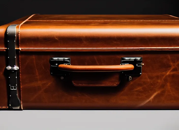 Image similar to leather and cloth suitcase ( designed by porsche ), xf iq 4, 1 5 0 mp, 5 0 mm, f / 1. 4, iso 2 0 0, 1 / 1 6 0 s, natural light, octane render, adobe lightroom, rule of thirds, symmetrical balance, depth layering, polarizing filter, sense of depth, ai enhanced