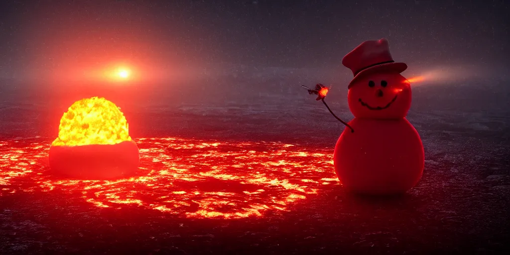 Image similar to a melted glowing snowman melting on top of the sun. the ground is made of fire and lava and is glowing orange. cinematic, dramatic, epic, volumetric lighting, atmospheric, red, orange extremely coherent, 8 k, space, warm, solar flare, blade runner 2 0 4 9