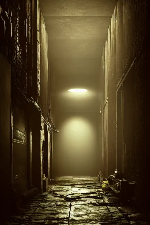 Prompt: pitch black hallways and corridors like a giant body, dark, moody, hyper-realistic environment,Epic concept art. bokeh, Octane render and Unreal Engine