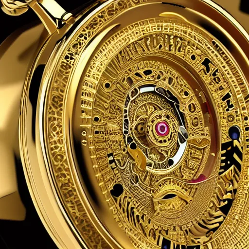 Prompt: golden intricate watch face, digital art, brand visible