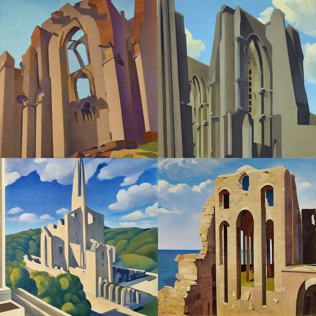 Prompt: Ruins of a modern cathedral on the edge of a cliff, flying buttresses, stunning painting by Charles Sheeler