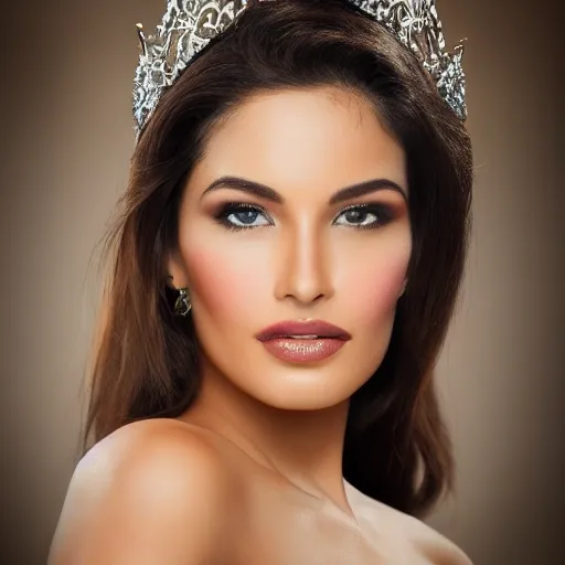 Prompt: !dream Fine art photo of the most beautiful woman of the Miss Universe, she is posing while maintain a sweet eye contact to the camera, she is mexican, she has perfect white teeths, matte painting
