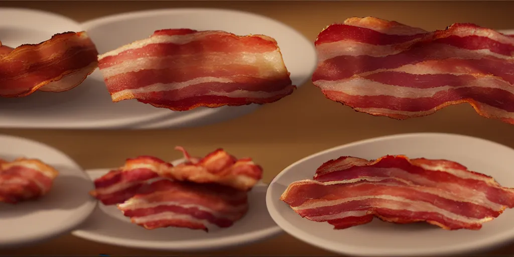 Image similar to A single strip of bacon on a plate, cgsociety, artstation, cinematic
