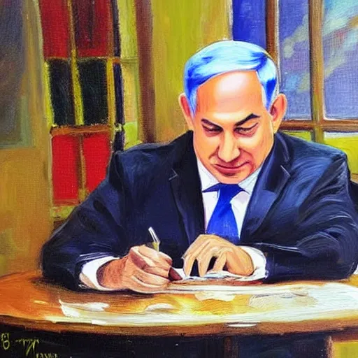 Prompt: benjamin netanyahu sir on table and talk on his phone. painting