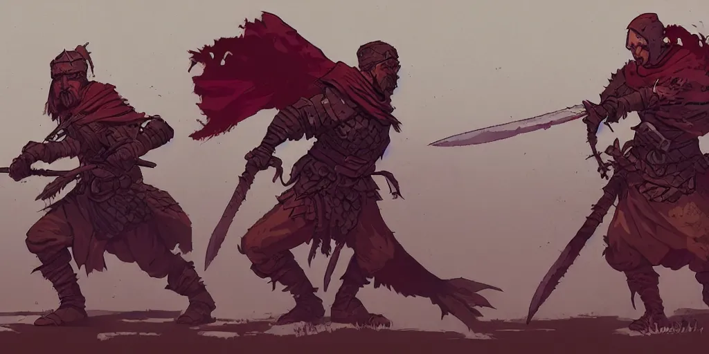 Image similar to warrior character design, idle, colored, sword, sprite, darkest dungeon, pc game, sideview, art by moebius and greg rutkowski.