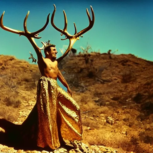 Prompt: salvador dali wearing a golden costume with jewels and antlers, in a dry rocky desert landscape, visible sky and sunny atmosphere, film still from the movie by alejandro jodorowsky with cinematogrophy of christopher doyle and art direction by hans giger, anamorphic lens, kodakchrome, very detailed photo, 8 k