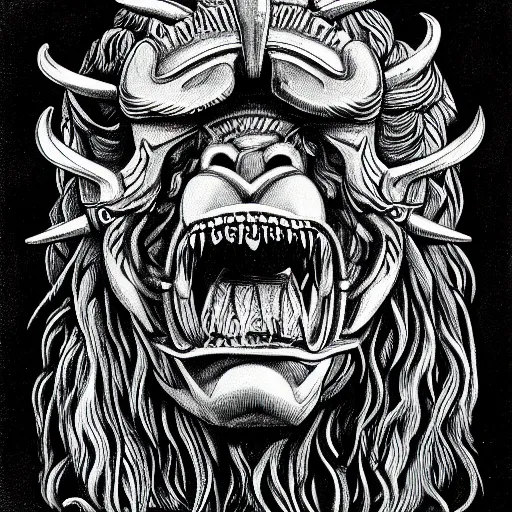 Prompt: a creature with the body and eyes of a man, with the beak of an eagle, the mane of a lion, and the horn of a bull. drawn by h. r. giger