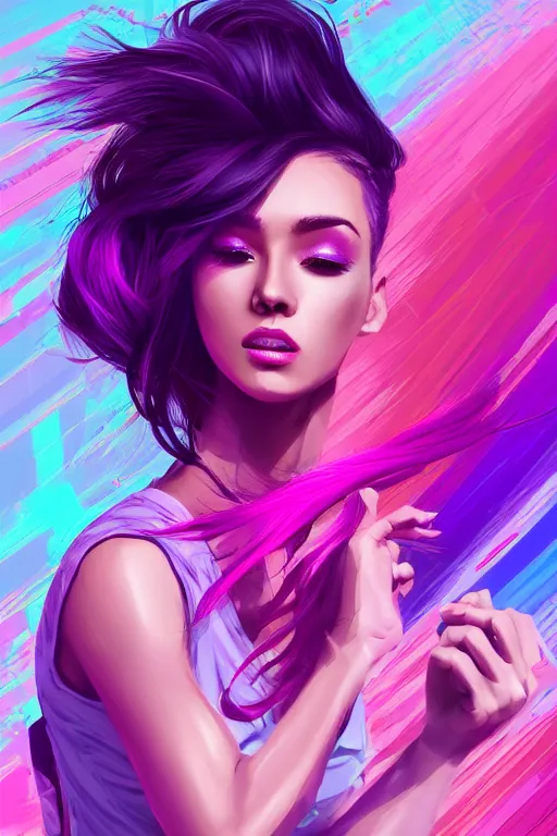 Image similar to a award winning half body porttrait of a beautiful woman in a croptop and cargo pants with ombre purple pink teal hairstyle with head in motion and hair flying, outrun, vaporware, shaded flat illustration, digital art, trending on artstation, highly detailed, fine detail, intricate