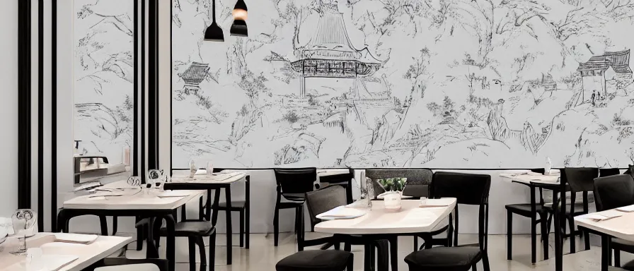 Prompt: a beautiful simple interior 4 k hd wallpaper illustration of small roasted string hotpot restaurant restaurant yan'an, wall corner, from china, wallpaper with tower mountains, rectangle white porcelain table, black chair, fine simple delicate structure, chinese style, simple style structure decoration design, victo ngai, 4 k hd