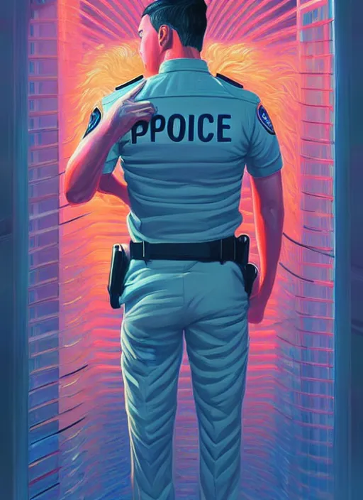 Image similar to burning police officer in sci fi prison, tristan eaton, victo ngai, artgerm, rhads, ross draws