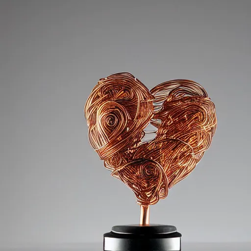 Image similar to a very beautiful tiny ( ( ( ( human heart ) ) ) )!!!!!!!!!!!!!!!!!!!!!!!!! organic sculpture made of copper wire and threaded pipes, very intricate, curved. studio lighting, high resolution, high quality, black background