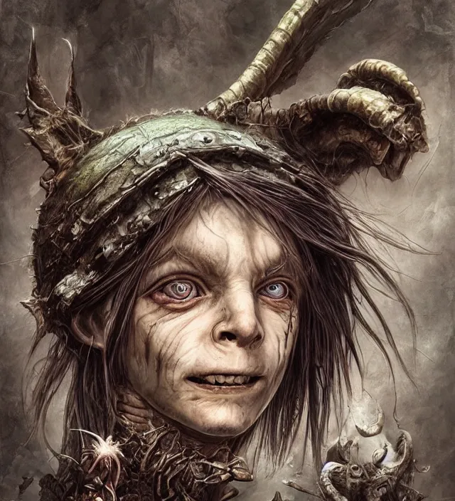 Prompt: hyper realistic portrait of postapocalyptic evil smiling grining elf goblin, cinematic, symmetric, dark crystal, alan lee, jean baptiste monge, scott radke