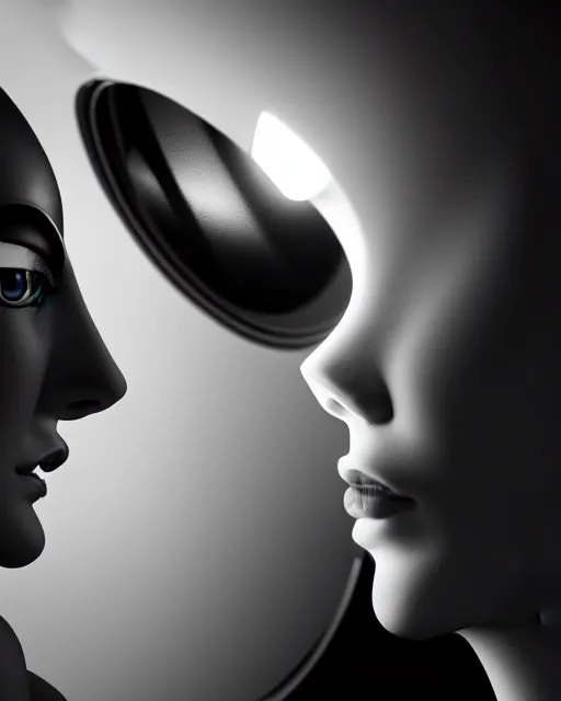 Prompt: black and white high quality photo of a female AI-cyborg-doll looking into a sci-fi mirror, volumetric lighting, hyperdetailed, masterpiece, elegant, dark, in the style of Man Ray,