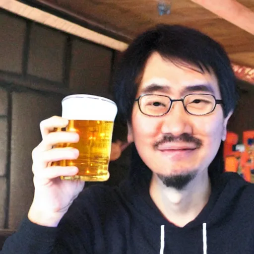 Image similar to real photo of japanese video game designer zun drinking a single beer