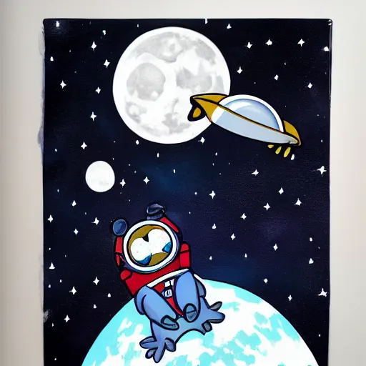 Image similar to an astronaut penguin floating in space with the moon in the background