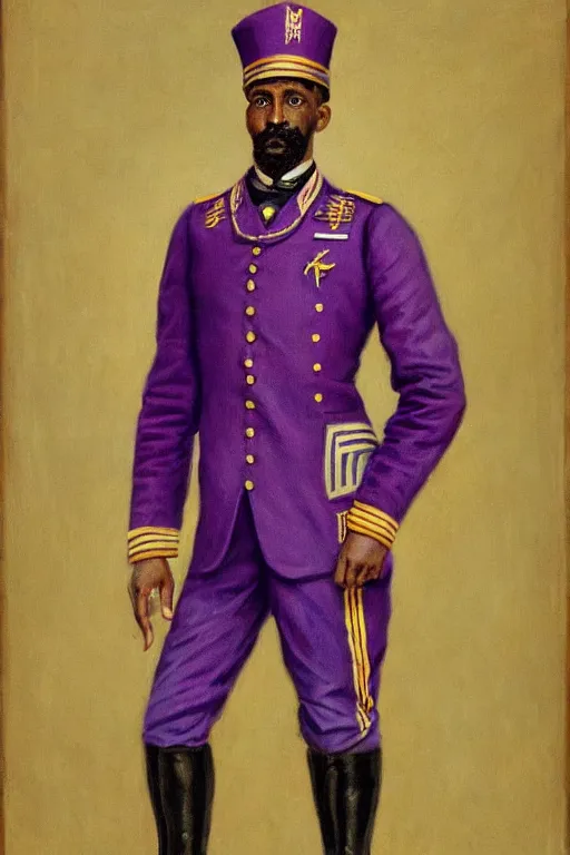 Prompt: full body portrait of the dictator of the milwaukee bucks, 1 8 8 9, in full military garb, purple, on canvas by william sidney mount, trending on artstation