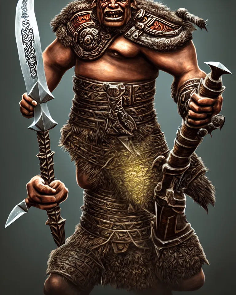 Image similar to a portrait of an orc warrior holding a metal battle axe with an intricate wooden carved hilt, in the style of riot games arcane