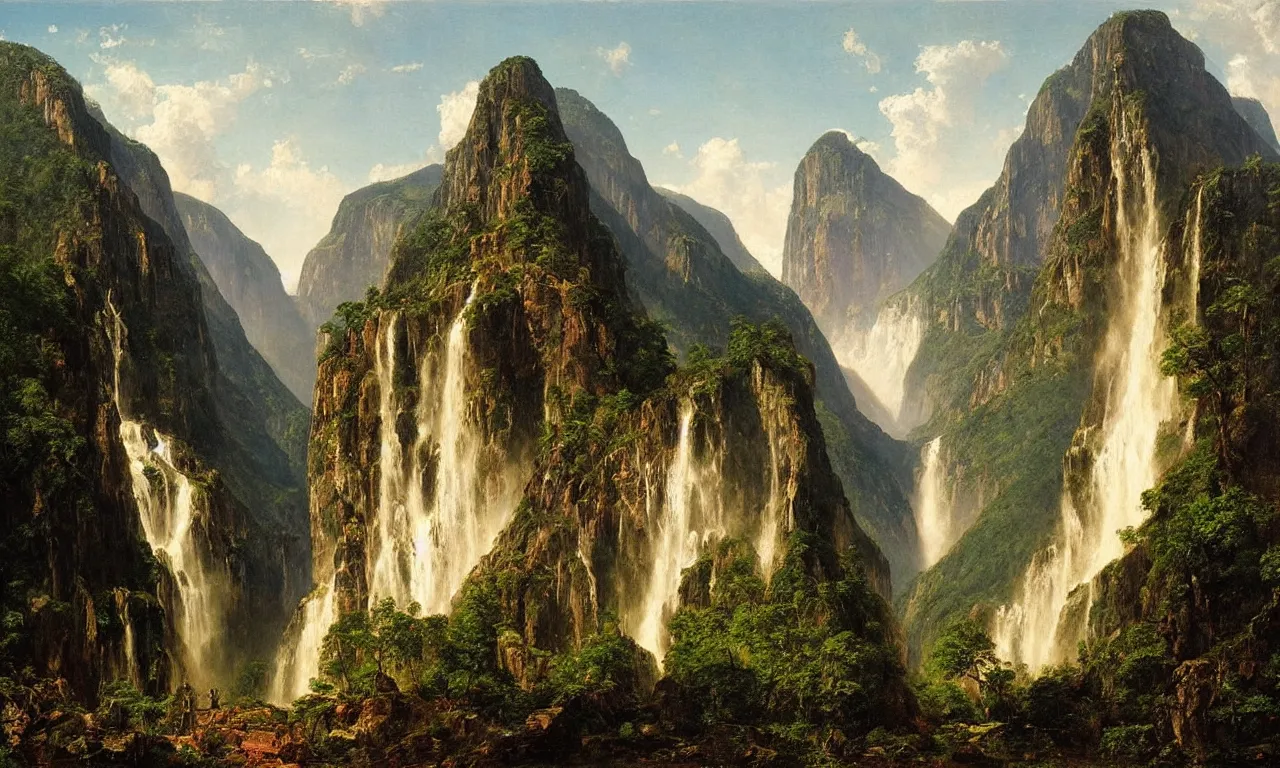 Image similar to a spectacular view of angel falls in venezuela. art frederic edwin church, hyperrealism