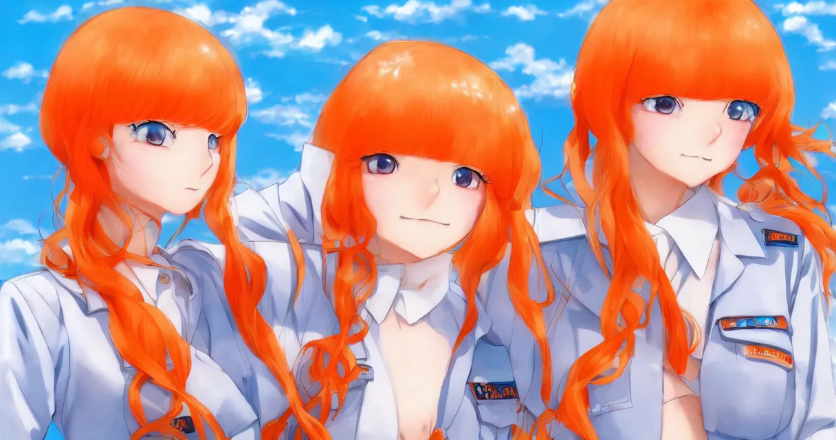 Image similar to very beautiful young anime girl with short orange hair, dressed in soviet pioneer uniform, full body, long wavy blonde hair, sky blue eyes, full round face, bikini, miniskirt, front view, middle, highly detailed, colored manga drawing by wlop popular on artstation