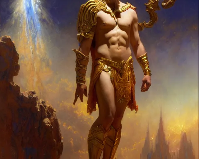 Image similar to attractive heroic male deity, casts magic, summoning handsome heroic lucifer morning star. highly detailed painting by gaston bussiere, craig mullins, j. c. leyendecker 8 k