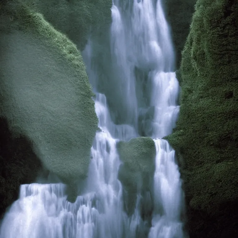 Prompt: dark and moody 1 9 8 0's artistic color spaghetti western film, a woman in a giant billowing wide long flowing waving shining bright white dress made out of waterfalls, standing inside a green mossy irish rocky scenic landscape, huge waterfall, volumetric lighting, backlit, atmospheric, fog, extremely windy, soft focus