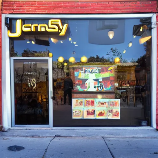 Prompt: jny 5 internet studios store front