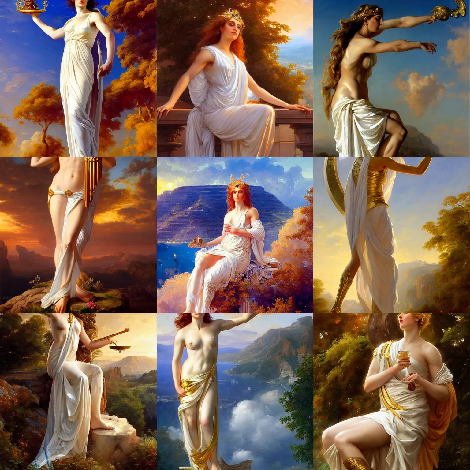 Prompt: greek titan goddess themis personification of justice, goddess of wisdom, wearing white toga, full body painting, golden hour distant view by vladimir volegov and alexander averin and delphin enjolras and daniel f. gerhartz