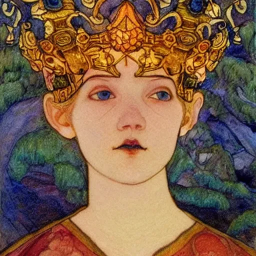 Image similar to the lantern crown, by Annie Swynnerton!!!! and Nicholas Roerich and (Edmund Dulac), embroidered brocade, tattoos, elaborate costume, geometric ornament, symbolist, rich colors, dramatic lighting, smooth, sharp focus, extremely detailed