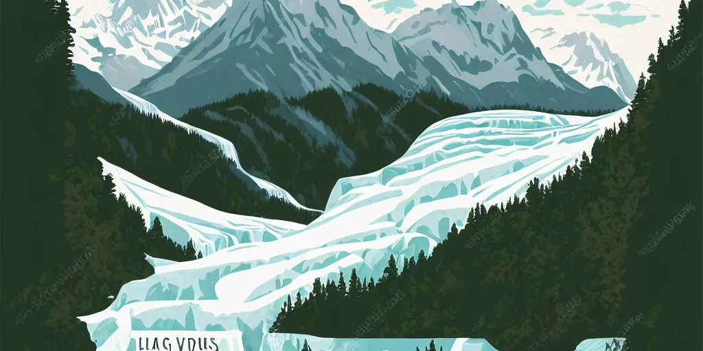 Image similar to beautiful idyllic poster illustration for a craggy ice glacier valley national park by ludwig hohlwein, ludwig hohlwein, graphic, behance, clean bold design