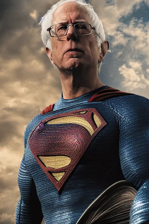 Image similar to realistic detailed photo of Bernie Sanders as man of steel, superman blue eyes, woven armour intricate complexity, Behance, golden ratio, fibanci background, vray, rich deep colors