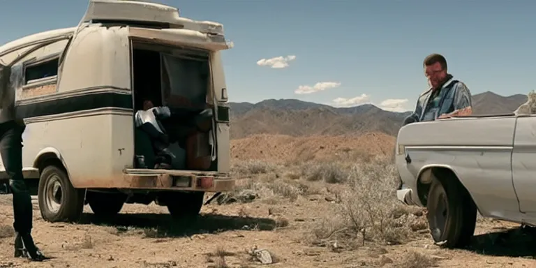 Prompt: film still of walter white carrying kim kardashian into an old derelict rv on the tv show breaking bad, cinematic-shot, 4k