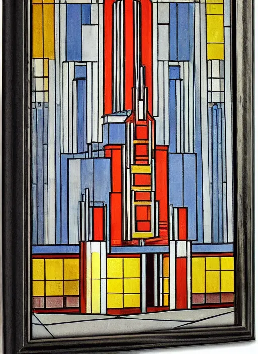 Image similar to artdeco cathedral by frank lloyd wright painted by piet mondrian