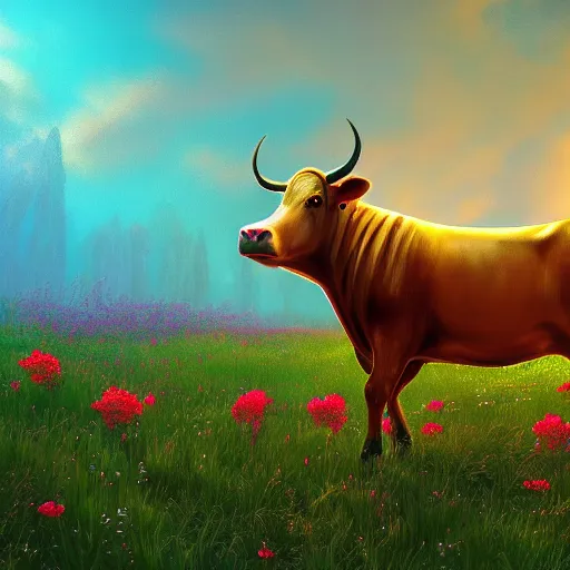 Image similar to a fantasy artwork of a cow in a field of glowing flowers, godlen light shines on the cow