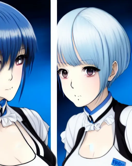 Prompt: portrait Anime Rem re-zero sky-blue bob-cut-hair fine-face, pretty face, realistic shaded Perfect face, fine details. Anime. black-and-white french-maid outfit realistic shaded lighting by katsuhiro otomo ghost-in-the-shell, magali villeneuve, artgerm, rutkowski Jeremy Lipkin and Giuseppe Dangelico Pino and Michael Garmash and Rob Rey