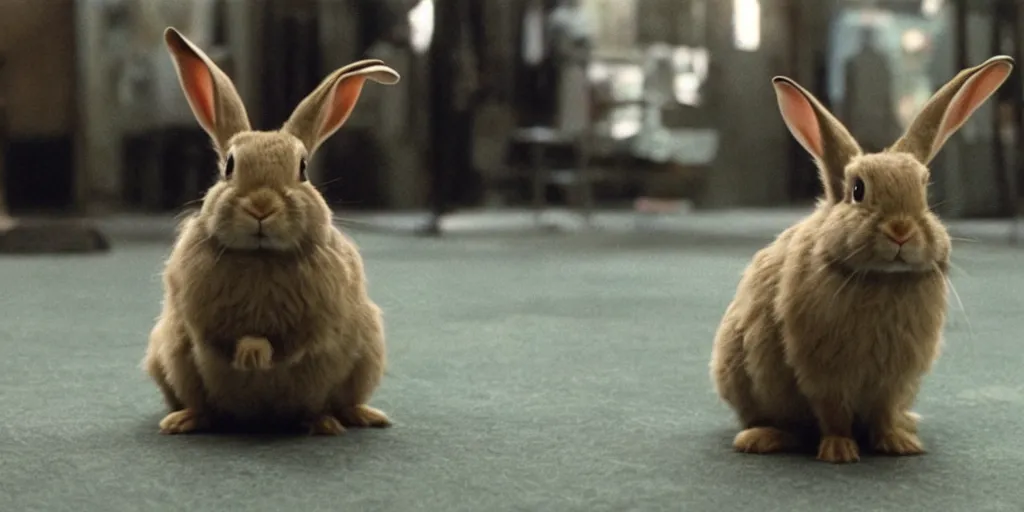 Prompt: a rabbit in the movie fight club, screenshot