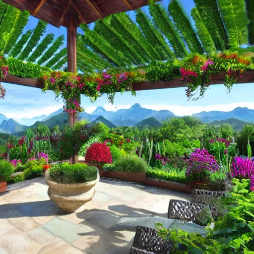 Image similar to Sky patio with luscious fantasy garden, mountains in teh distance, hidden grove, hd, detailed