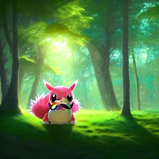 Image similar to beautiful digital fantasy illustration of a hyperrealistic pokemon evolving into a demon, cute smiling attractive pokemon, the trees of a flowery woodlands glistens as the morning sun touches its leaves with her gentle rays. pokemon of various shapes, sizes, and colors walk through the forest by alena aenami and arthur adams, octane render, detail texture, unreal engine, 8 k