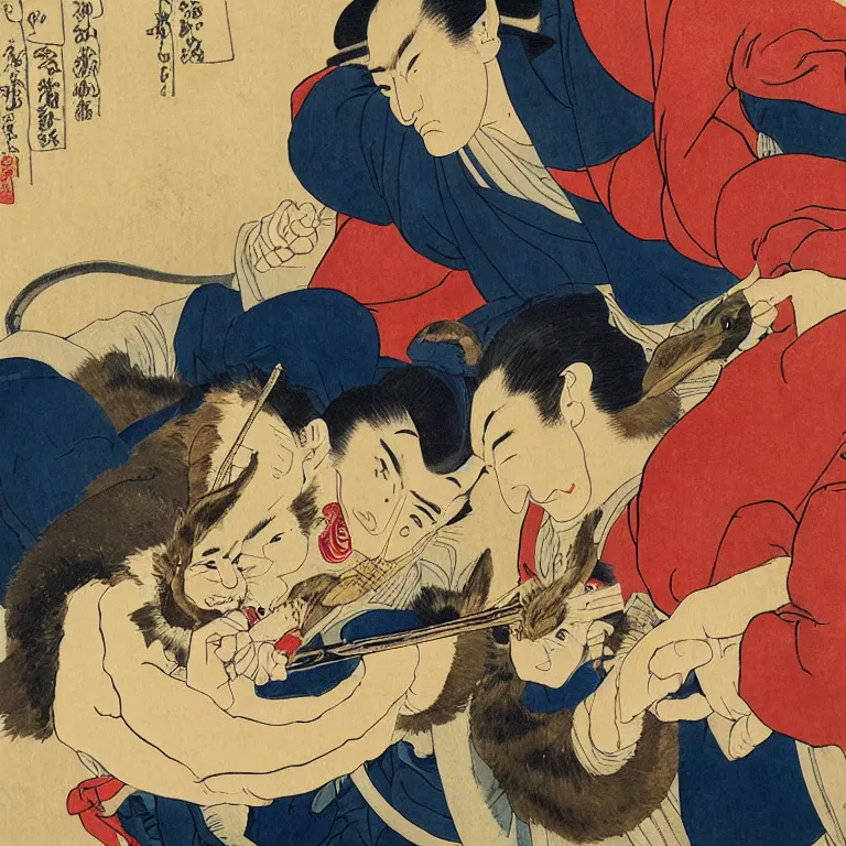 Prompt: Beautiful warmly lit close up studio portrait of Quentin Tarantino fighting against a giant rabbit, beautiful watercolor painting in the style of Kuniyoshi and Sharaku and Lucian Freud, trending on artstation dramatic lighting realism ukiyo-e