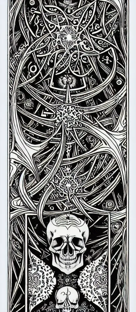 Prompt: a beautiful fractal tarot card featuring bold occult imagery with clean lines. skulls. punk. dimension. haeckel. fish and sea creatures. detailed adult coloring book