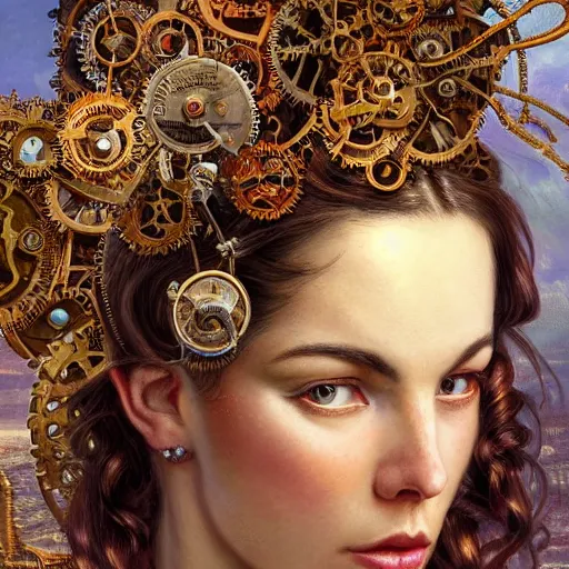 Image similar to Head and shoulders materpiece portrait of Lana Rhoades as a steampunk beautiful goddess, she half human and half robot, she is embellished with few gears wheels and gemstones, by William Holman Hunt, Greg Rutkowski, Stanely Artgerm, Tooth Wu, Peter Gric, Aaron Horkey, trending on Artstation, digital art, mythological, symmetrical artwork, cinematic lighting, hyper realism, high detail, octane render, ultra realistic, golden ratio, 4k, 8k