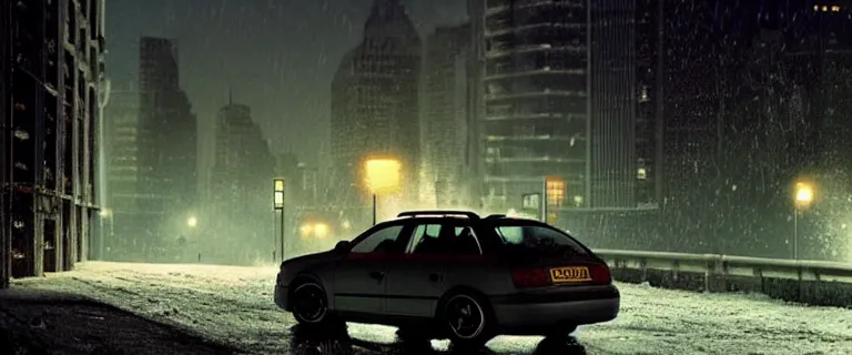 Image similar to Audi A4 B6 Avant (2002), a gritty neo-noir, simon stalenhag, Max Payne (PC) (2001) winter new york at night, dramatic bright lighting, cinematic, establishing shot, extremely high detail, photorealistic, cinematic lighting, artstation, by simon stalenhag, dark night, bright lights, eldritch horror, dark blue filter, ultra phonk