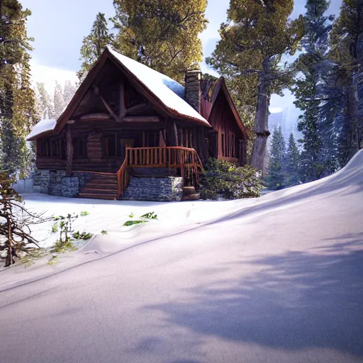 Prompt: a cabin in the woods made in unreal engine 5, 4k, high detail, high-resolution photograph, professional photography, ultra-detail