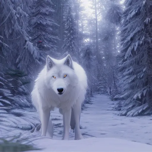 Image similar to a wholesome animation key shot of a white wolf in a snowy forest, medium shot, studio ghibli, pixar and disney animation, sharp, rendered in unreal engine 5, anime key art by greg rutkowski, bloom, dramatic lighting