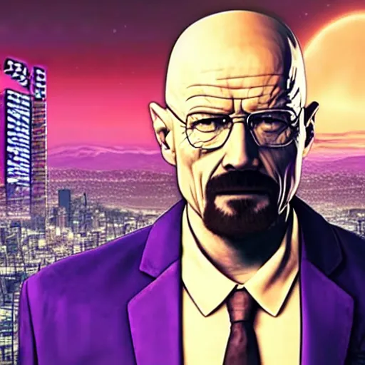 Image similar to walter white from breaking bad in cyberpunk 2 0 7 7 with futuristic city, 4 k, hyper realistic, synthwave, vapor wave, futuristic, advanced