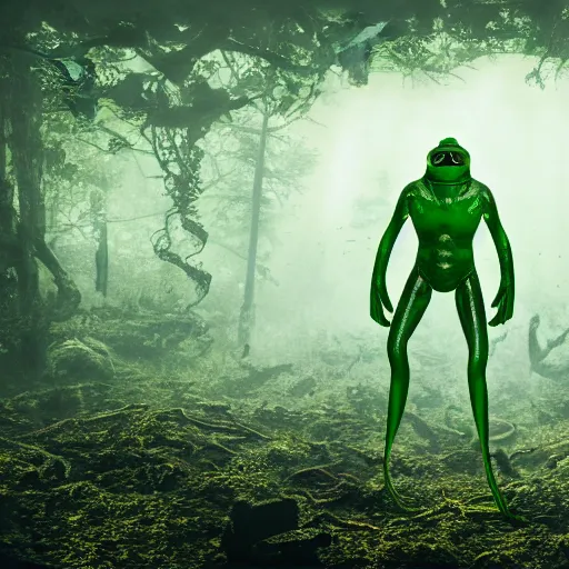 Image similar to frogman is my lord and savior, frogland forest, high definition, 8 k, photorealistic, octane render, highly detailed