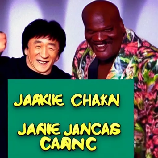 Image similar to Jackie Chan and Shaq cannabis mukbang iron chef 1996 DVD rip