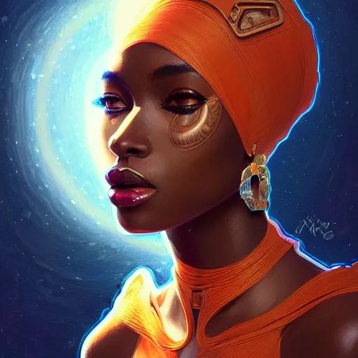 Image similar to portrait of very very very very very very beautiful african woman, spacesuit, orange eyes, intricate, elegant, highly detailed, digital painting, artstation, concept art, smooth, sharp focus, illustration, art by artgerm and greg rutkowski and alphonse mucha