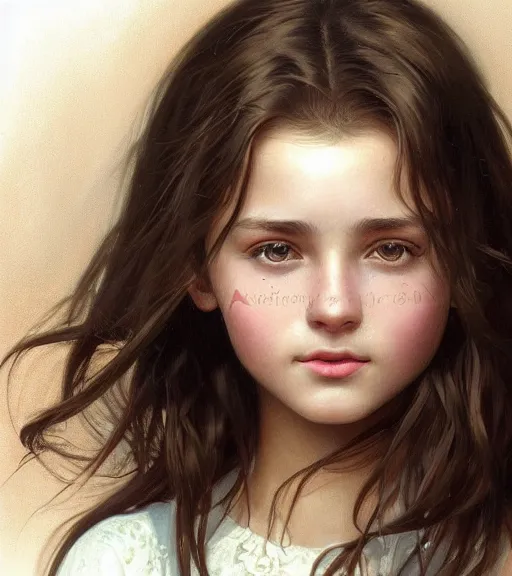 Image similar to ultra realistic illustration, portrait of 1 5 - year old girl with thick brown hair, large front teeth, and bright piercing brown eyes, intricate, elegant, highly detailed, digital painting, artstation, concept art, smooth, sharp focus, illustration, art by artgerm and greg rutkowski and alphonse mucha