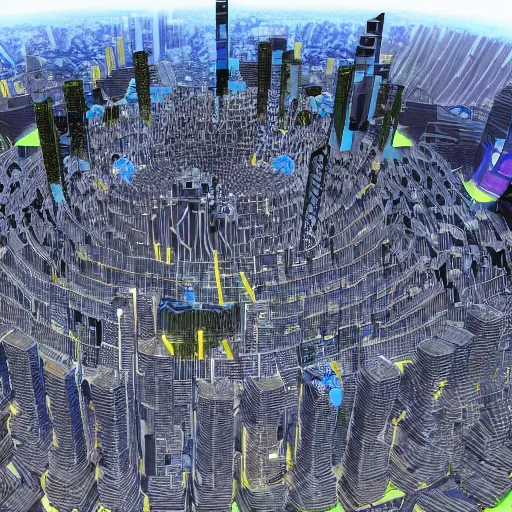 Image similar to mountain size arcology hive city, crowded with people, satellite view, zoom out